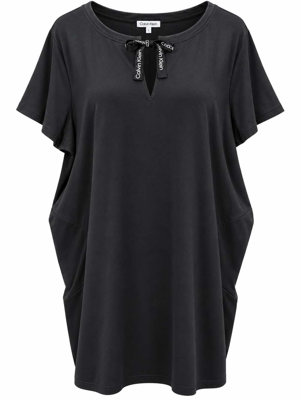 Calvin Klein Tunic Dress Size 2X Black Keyhole Short Sleeve Logo Tie